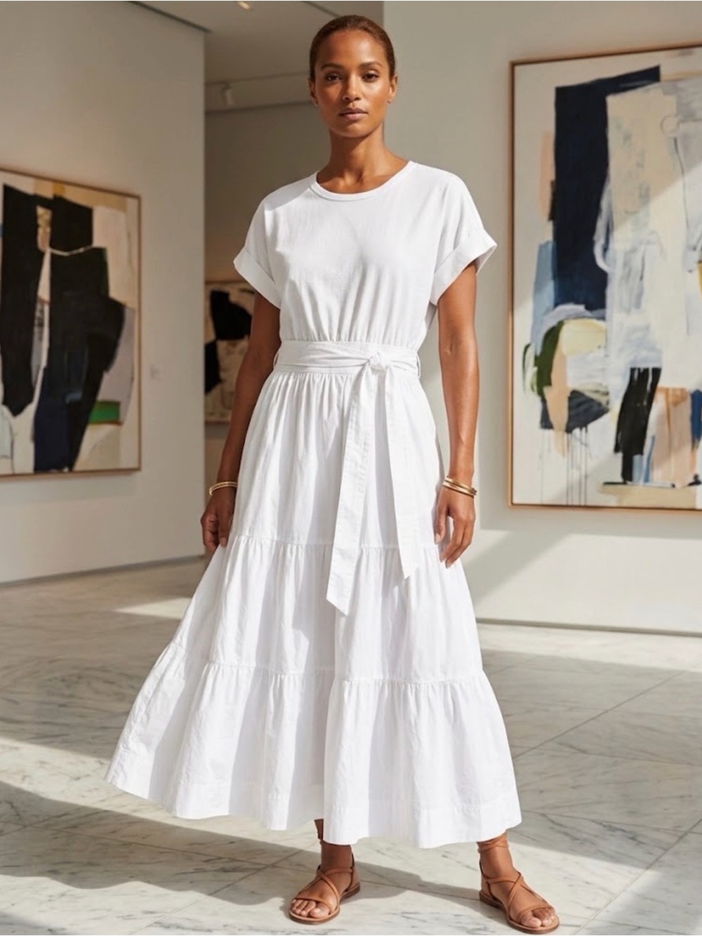 Veronica Beard White Tiered Tie-Waist Maxi Dress